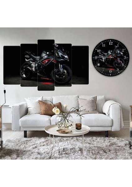 ZEVAHİR MOBİLYA DEKORASYON Zevahir 5 Parça Mdf Motorsiklet Görselli Tablo ve Mdf Saat Kombin