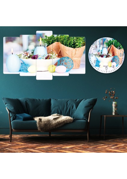 ZEVAHİR MOBİLYA DEKORASYON Zevahir 5 Parça Mdf Mavi Beyaz Mum Tablo ve Mdf Saat Kombin