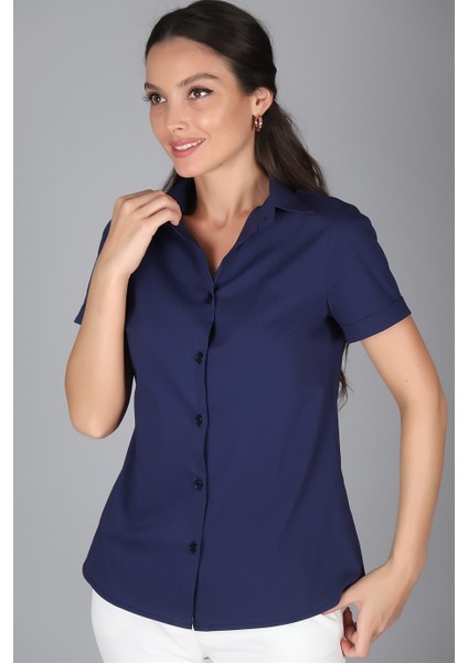 Sweetness Kadın Lacivert Kısa Kollu Likralı Gömlek modelleri