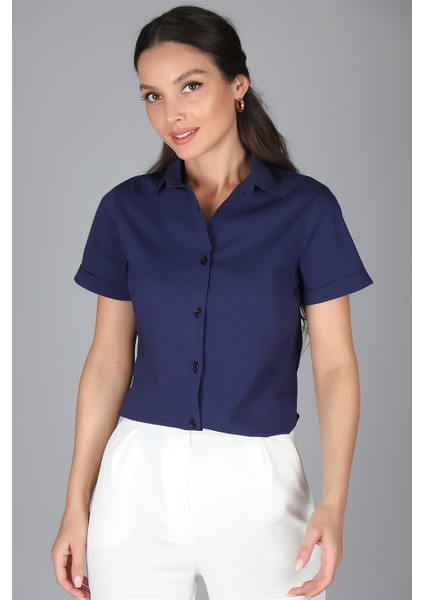 Sweetness Kadın Lacivert Kısa Kollu Likralı Gömlek fırsatları