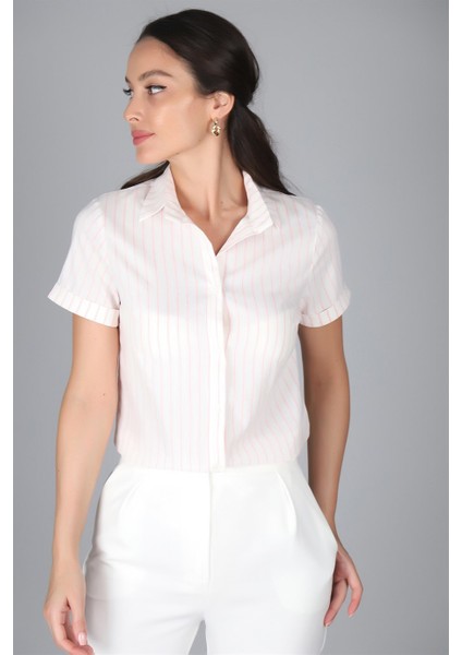 Sweetness Kadın Pembe Çizgili Kısa Kollu Likralı Gömlek modelleri