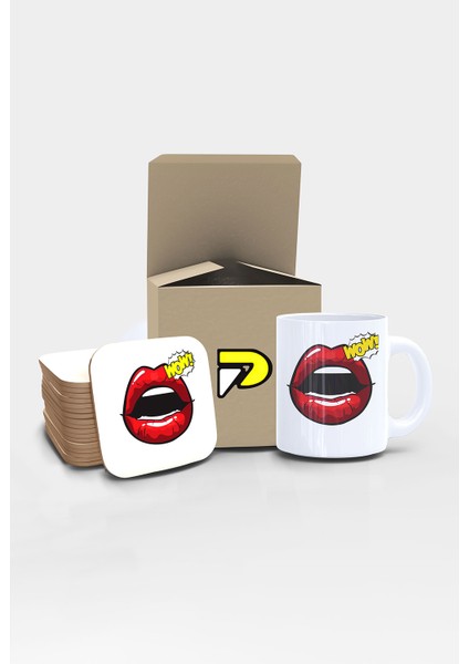 Dudak Wow Popart Tasarımlı Baskılı Kupa Bardak Seti