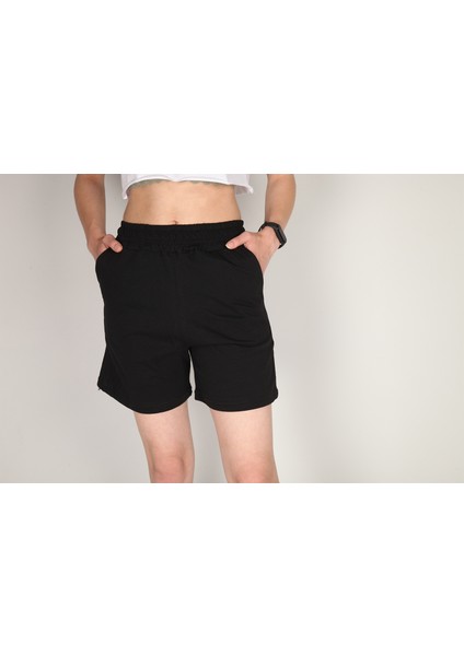 Siyah Yüksek Bel Penye Şort