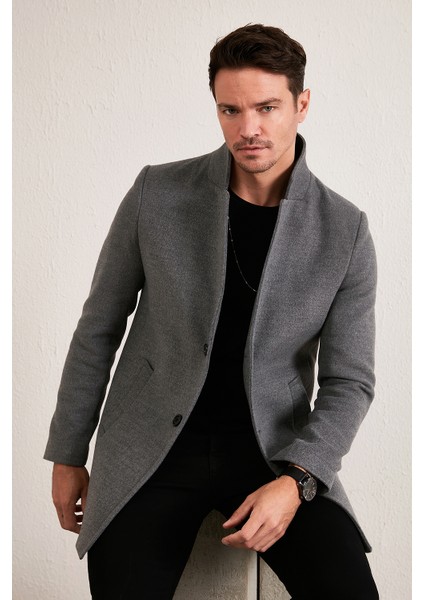 Slim Fit Tek Yırtmaçlı Düğmeli Dik Yaka Kaşe Kaban Erkek KABAN 5840110