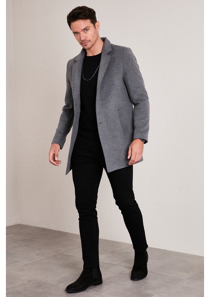 Slim Fit Tek Yırtmaçlı Düğmeli Dik Yaka Kaşe Kaban Erkek KABAN 5840110