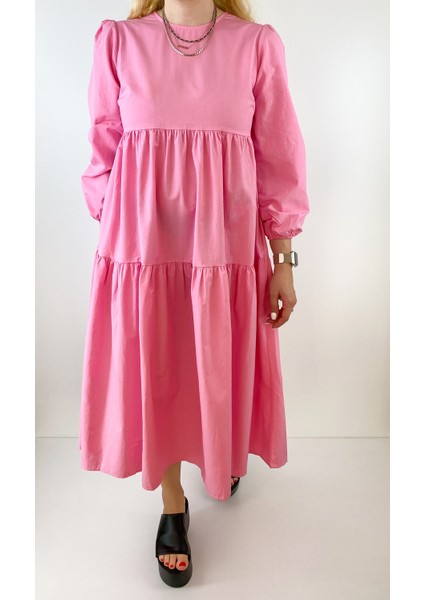 Şeker Pembe Kat Detaylı Poplin Elbise