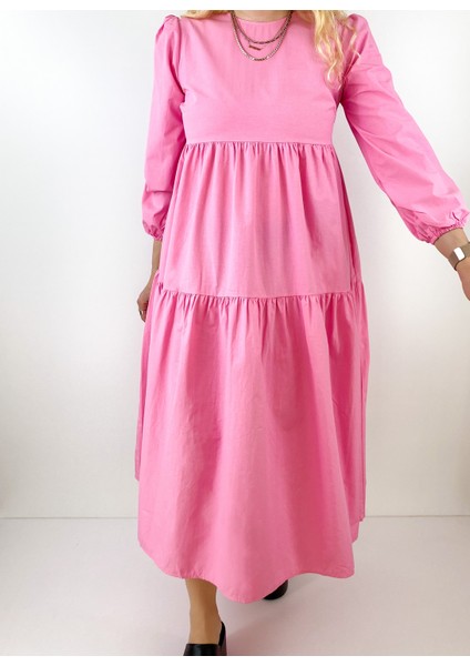Şeker Pembe Kat Detaylı Poplin Elbise