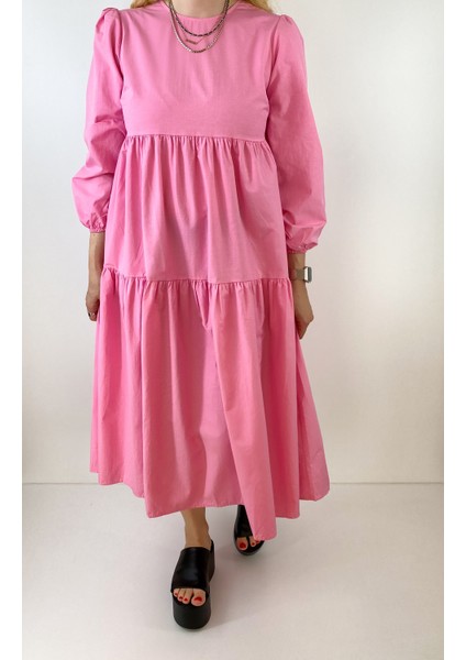 Şeker Pembe Kat Detaylı Poplin Elbise