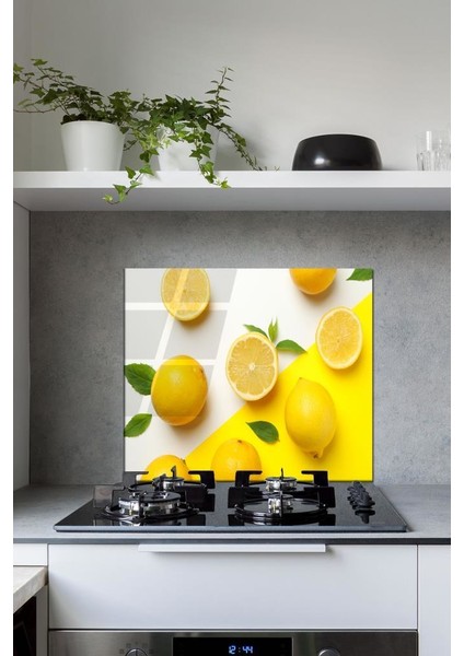 60 x 70 cm Limon Desenli Cam Ocak Arkası Koruyucu