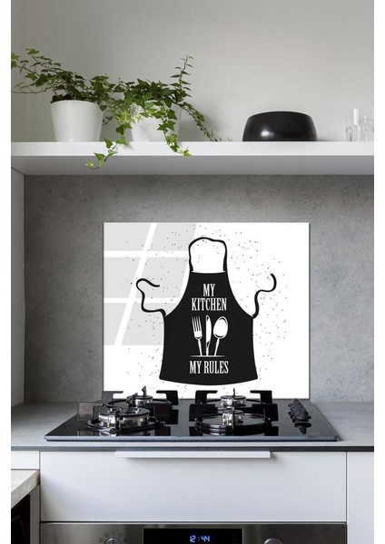 60 x 70 cm My Kitchen My Rules Desenli Cam Ocak Arkası Koruyucu