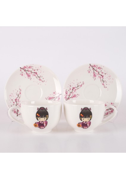 2 Kişilik Kokeshi Bebekleri Mor Desenli Porselen Türk Kahve Fincan Takımı