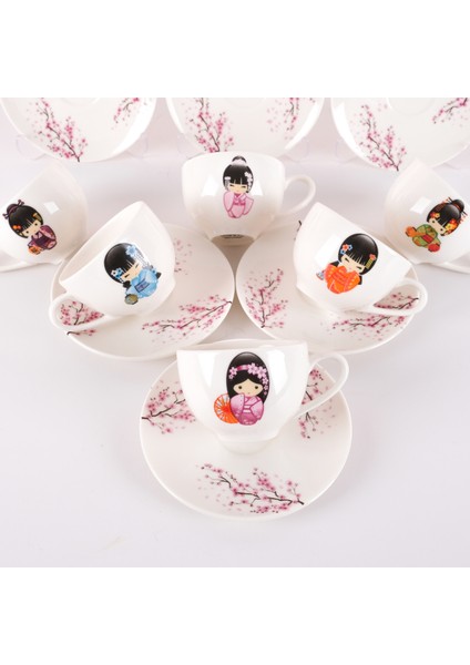 6 Kişilikkokeshi Desenli Porselen Türk Kahve Fincan Takımı