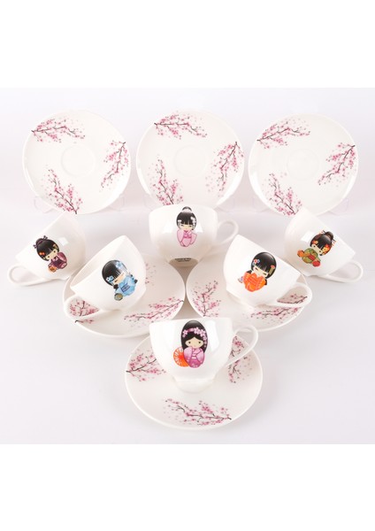 6 Kişilikkokeshi Desenli Porselen Türk Kahve Fincan Takımı