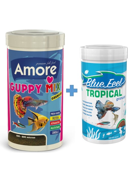Guppy Mix Granules 1000ML + Bluefeel Tropical Granulat 250ML Kutu Tropikal Balık Yemi