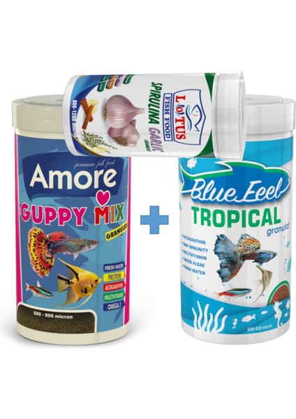 Guppy Mix Granules 250ML + Bluefeel Tropical 250ML + Lotus Spirulina Garlic 100ML Kutu