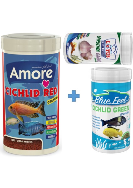 Cichlid Red 1000ML + Bluefeel Green 250ML + Lotus Spirulina Garlic 100ML Kutu