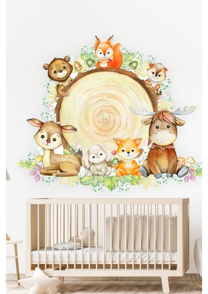 Kütükte Sevimli Hayvanlar Çocuk Bebek Odası Duvar STICKER(85X100CM)