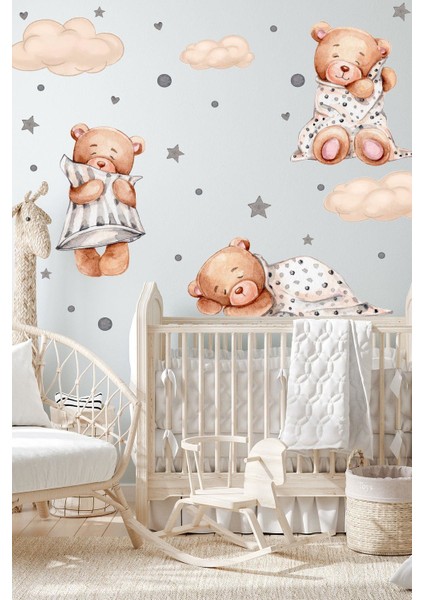 3'lü Uyuyan Ayıcık Bulutlar ve Yıldızlar Çocuk Bebek Odası Sticker Seti fiyatları