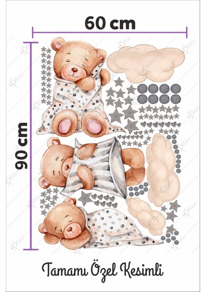 3'lü Uyuyan Ayıcık Bulutlar ve Yıldızlar Çocuk Bebek Odası Sticker Seti modelleri