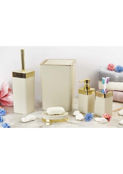 Akrilik Yapım Gold Çizgi Soft Banyo Takımı 5'li Kare Banyo Seti Krem