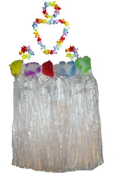 Setli Yetişkin Çocuk Uyumlu Hawaii Eteği Beyaz Renk