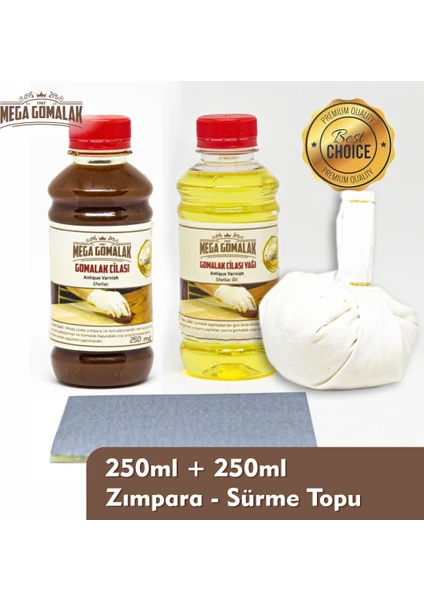 Mega Gomalak Doğal Ceviz Ahşap Cila Seti Gomalak 250 ml  Cila Yağı 250 ml  Sürme Topu  Zımpara