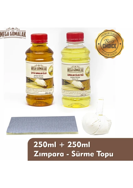 Mega Gomalak Doğal Ahşap Cila Seti Şeffaf Gomalak 250 ml Cila Yağı 250 ml  Sürme Topu  Zımpara