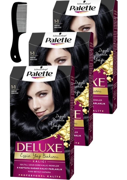 Palette Deluxe Saç Boyası 1-1 Gece Mavisi x 3 Adet + Saç Açıcı Tarak