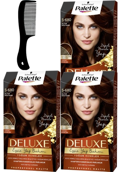 Palette Deluxe Yoğun Renkler Saç Boyası 5-680 Altın Kestane x 3 Adet + Saç Açıcı Tarak