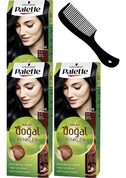 Palette Kalıcı Doğal Renkler Saç Boyası 1-1 Gece Mavisi x 3 Adet + Saç Açıcı Tarak