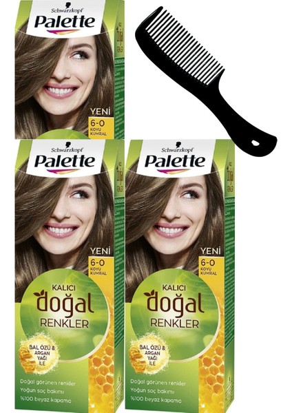 Palette Kalıcı Doğal Renkler Saç Boyası 6-0 Koyu Kumral x 3 Adet + Saç Açıcı Tarak