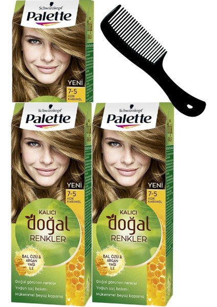 Palette Kalıcı Doğal Renkler Saç Boyası 7-5 Açık Karamel x 3 Adet + Saç Açıcı Tarak