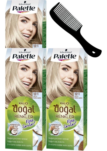 Palette Kalıcı Doğal Renkler Saç Boyası 12-1 Küllü Buzul Sarısı x 3 Adet + Saç Açıcı Tarak