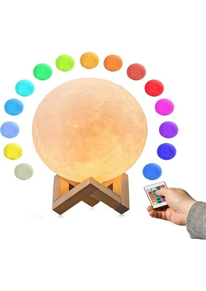 Şarzlı 3D Ay Lamba Dokunmatik 16 Renk Değiştirir Stand Hediyeli Moon Lamp