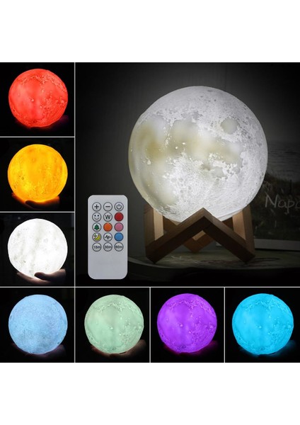 Şarzlı 3D Ay Lamba Dokunmatik 16 Renk Değiştirir Stand Hediyeli Moon Lamp