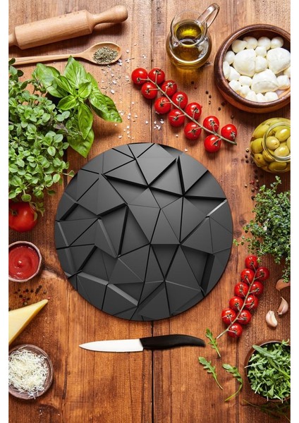 Siyah Üçgen Desenli Cam Kesme Tahtası - Cam Kesme Tablası - Sunum Tabağı| Çap 32 cm