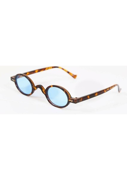 Minimal Vintage Retro Oval Kemik Unisex Güneş Gözlüğü (Leopar - Mavi)