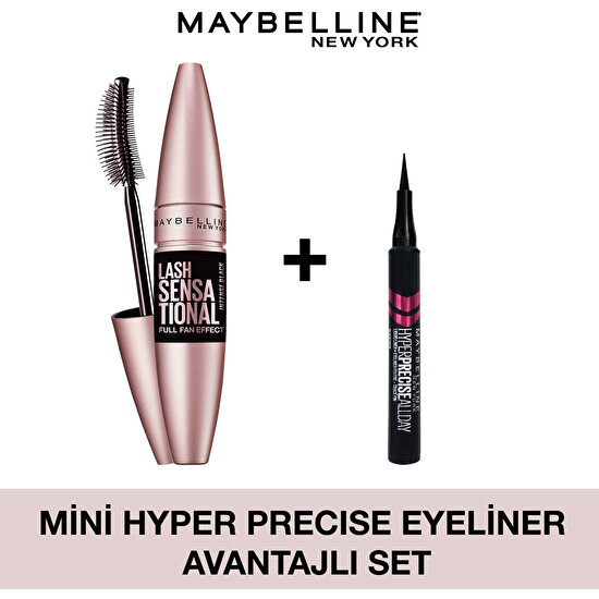 Maybelline New York Lash Sensational Yelpaze Etkili Intense Black Maskara + Hyper Precise Mini Eyeliner