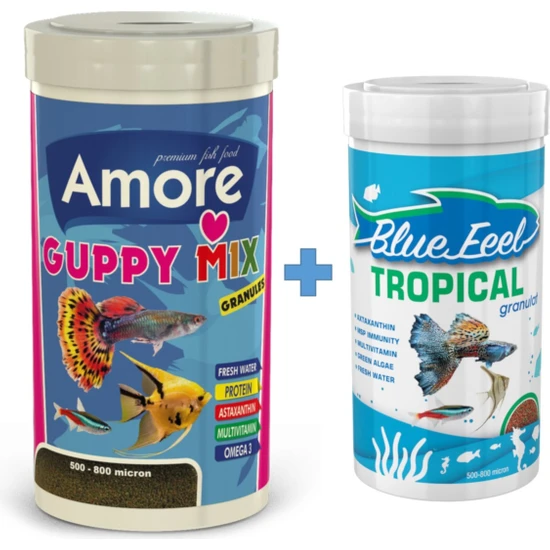 Amore Guppy Mix Granules 1000ML + Bluefeel Tropical Granulat 250ML Kutu Tropikal Balık Yemi