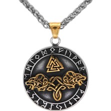 Viking Valknut Iskandinav Güç Simgesi Geri & Freki Tasarım 316L Çelik Çift Taraflı Kolye