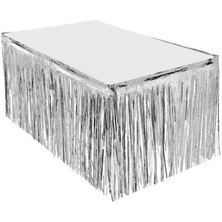 Tam İthalat Parti Malzemeleri Püsküllü Işıltılı Metalize Gümüş Renk Masa Eteği 4 Metre