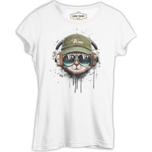 Lord T-Shirt Hat Style - Kedi Beyaz Bayan Tshirt