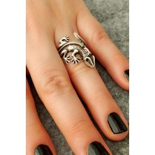 Fildişi Aksesuar Antik Gümüş Kaplama Kertenkele Şekilli El Yapımı Ayarlanabilir Yüzük