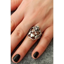 Fildişi Aksesuar Antik Gümüş Kaplama Kalpli Kurukafa Şekilli El Yapımı Ayarlanabilir Yüzük