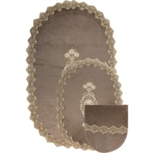 Bonny Home Lisa Gri 3'lü Fransız Dantelli Klozet Takımı Çeyizlik Banyo Halısı Paspası Seti