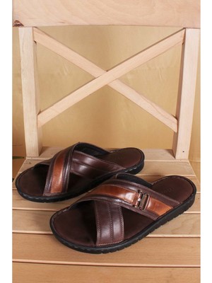 Gondol Hakiki Deri  Erkek Terliği   KML.102 - Kahverengi - 43