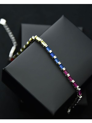 Papatya Silver 925 Ayar Gümüş Rodyum Kaplama Renkli Taşlı Baget Bileklik