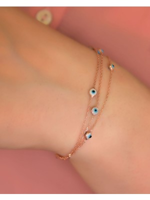 Papatya Silver 925 Ayar Gümüş Rose Kaplama Beyaz Camgöz Üç Zincir Bileklik