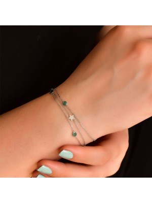 Papatya Silver 925 Ayar Gümüş Rodyum Kaplama Mat Yeşil Taşlı Yıldız Zincir Bileklik