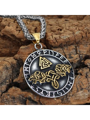 Viking Valknut Iskandinav Güç Simgesi Geri & Freki Tasarım 316L Çelik Çift Taraflı Kolye